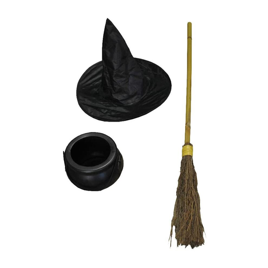 Traditional Besom Broom Witches Broom with Cauldron and Witches Hat