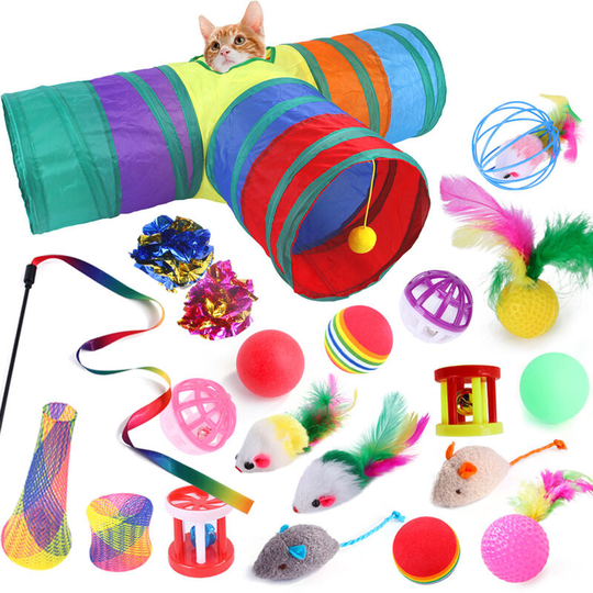 21-piece Pet Tee Tunnels Toy Combination Set Cat Teaser Stick Rainbow Tunnel Interactive Feather Toy, Fluffy Mouse, Rainbow Ball, Cat Bell Ball, etc