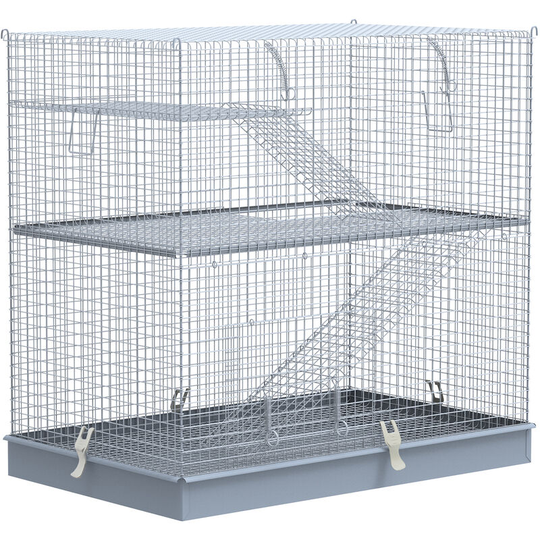 Pawhut - 3-Level Small Animal Cage Pet Bunny Hutch w/ Easy Clip Base Ladder - Grey