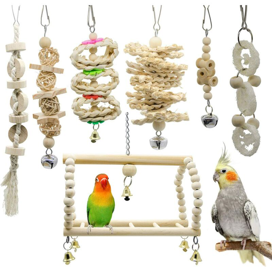 Soekavia - 7 Pieces Set Hanging Bird Toys Hammock Swing Bell String Perched Chewing Toys for Parrot Macaw Aco.ukican Gray Parakeet Parakeet Parakeets