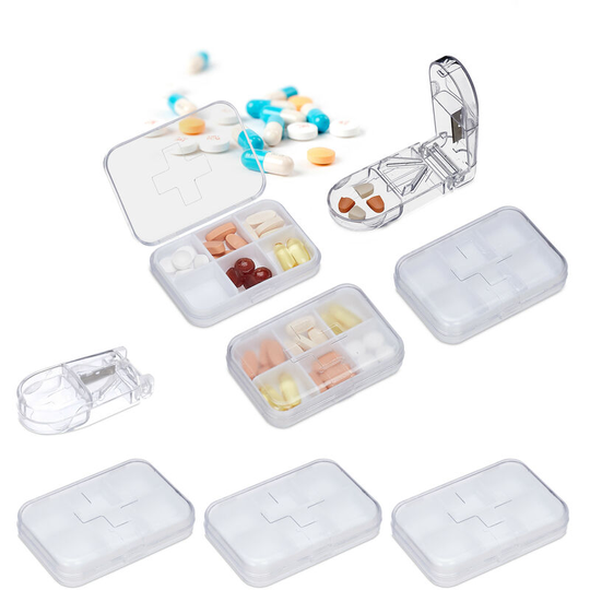 Relaxdays - Set of 6 Pill Dispenser, 6 Compartments, Med Cutter, Compact, Portable, Plastic Travel Case, White