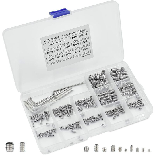 SANTOO 135pcs M2.5 M3 M4 M5 M6 M8 Hex Head Set Screws Allen Fastener Kit Set Stainless Steel Set Screws Assortment