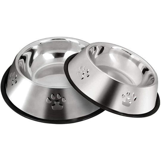 2 stainless steel dog bowls with non-slip rubber bottom, small pet bowl and water bowl (bottom: 15 cm. bowl mouth: 11 cm)
