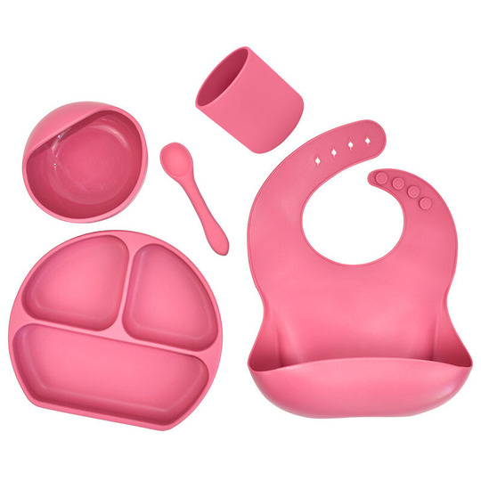 5-piece set Silicone Baby Feeding Set,Supplementary food bowl dinner plate saliva pocket,pink