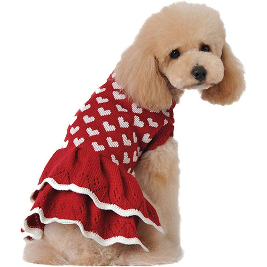Christmas Pet Sweater Love Heart Red Skirt Winter Warm Knit Clothes for Dog Cats Holiday New Year Dress (l)