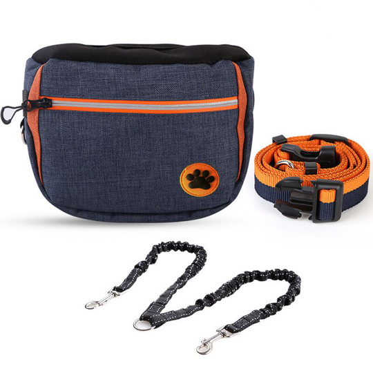 Dog Treat Bag - Waterproof - With Poop Bag Dispenser - For Dog Training & Food Storage (Deep Blue-Footprints + Double Head Leash)