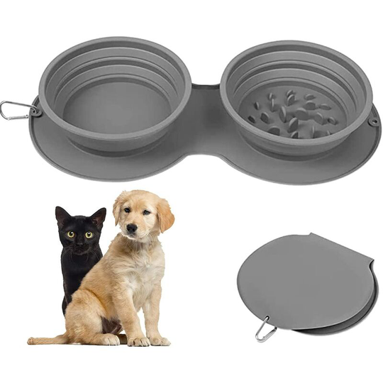 Double portable foldable food silicone bowl with carabiner for pets, dogs and cats