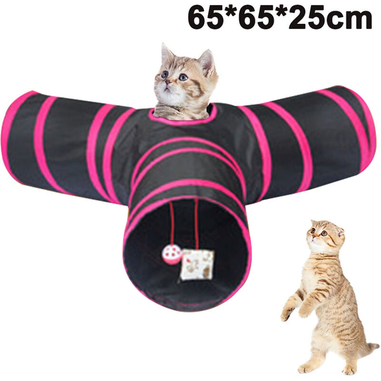 Cat Tunnel , Collapsible 3 Way Play Toy - Tube Fun for Rabbits, Kittens, and Dogs, rose red + black