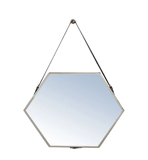 Hexa Wall Mirror With Leather Strap - Nickel
