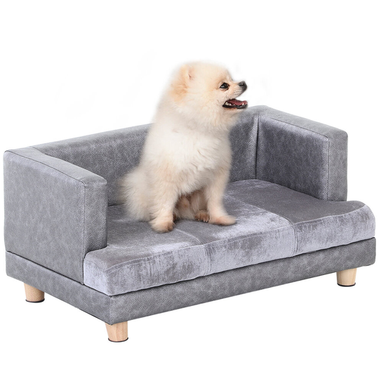 PawHut Pet Sofa Couch Dog Cat Wooden Frame Plush Soft Cushion Grey