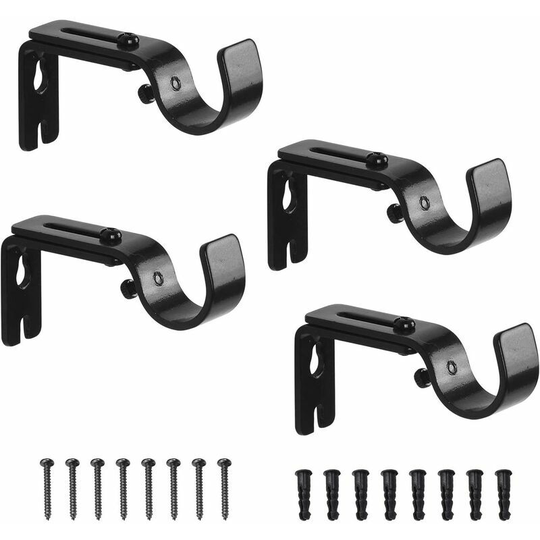 Deckon - 4 Pcs Adjustable Curtain Rod Wall Bracket Stainless Steel Fixings for Curtain Rod Accessory Black Metal Home Bedroom Office with 8 Fixing