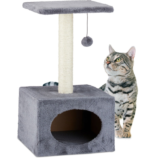 Cat Activity Tree Scratcher Play Tower, Plush Cover Sisal Pole with Play Ball, hwd 56x31x31 cm, Grey - Relaxdays