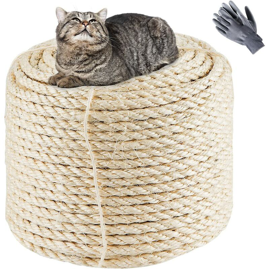 Osqi - Natural Sisal Rope 8mmx60m,Natural White Replacement Old Rope for Cats with One Pair of Protective Gloves for Cat Scratching Post Cat Tree