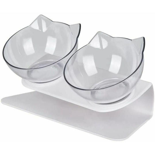 Double plastic dog cat bowl, Bowl for dog cat travel, Dog bowl, Cat water and croquette dispenser - Transparent