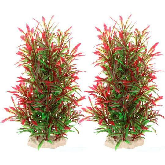 Set of 2 Large Aquarium Plant Plastic Aquarium Decorations - Safe for All Fish 24cm x 8cm - Red