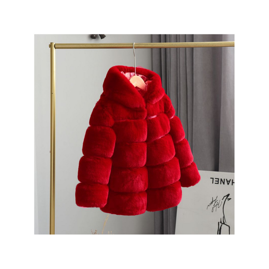 (Red , 6-7 Years) Kids Girl Rex Rabbit Fur Coat Padded Winter Jacket
