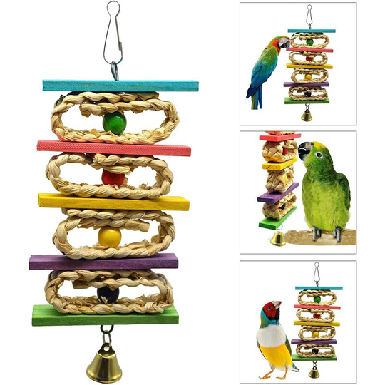 Parrot Chew Hammock with Bell Colorful Wooden Hanging Toys for Parrot, Chew Perch, Small and Medium Pet Swing