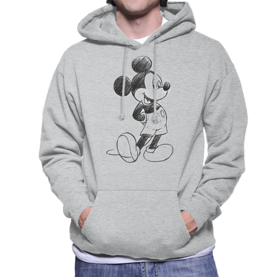 (Large, Heather Grey) Disney Mickey Mouse Sketch Drawing Men's Hooded Sweatshirt