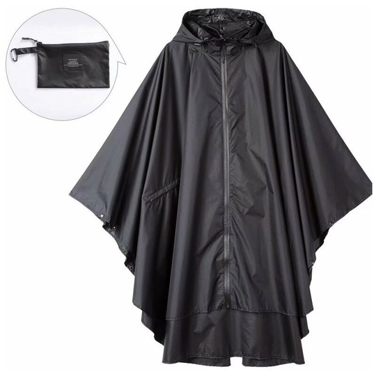 Litzee - Rain Poncho Jacket Coat For Adults Hooded Waterproof With Zipper Outdoor (Black)(Size:L)