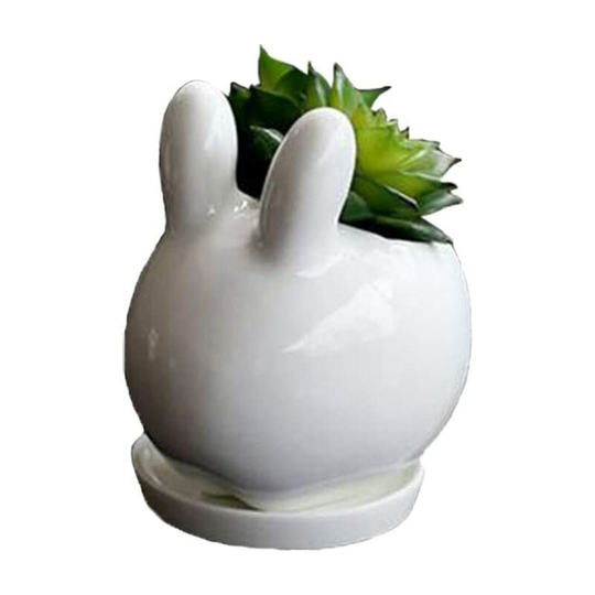 Rabbit Bunny Ivory White Ceramic Flower Pot Planter for Succulent Cactis Small Simple with Tray