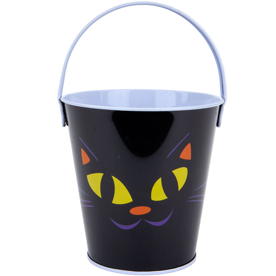 Halloween Sweets Bucket Trick or Treat Tin Halloween Candy Bucket, Cat Design - Black Cat