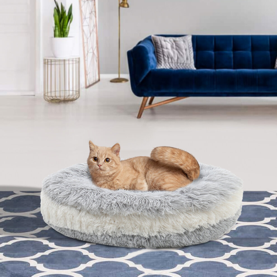 (Light Grey-White, M Dia.60*H20cm) Pet Dog Bed Mat Soft Plush Cat Calming Kennel Cushion