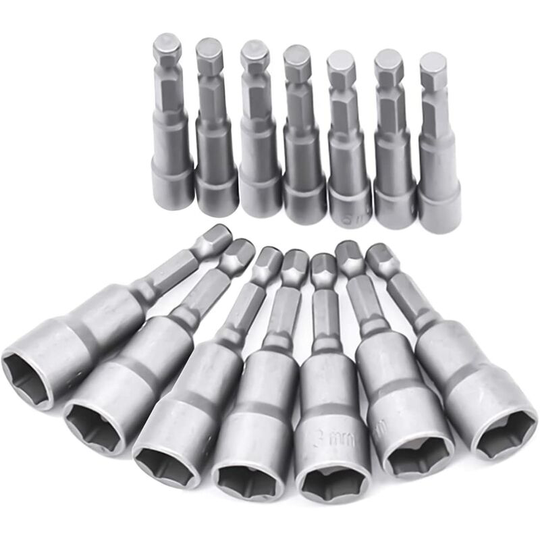 Perle Rare - 14 Pieces 6-19mm Screwdriver Socket Set - Bit Adapter, Hex for Hand Drill Nut Driver, Electric Screwdriver, Socket Wrench (Chrome