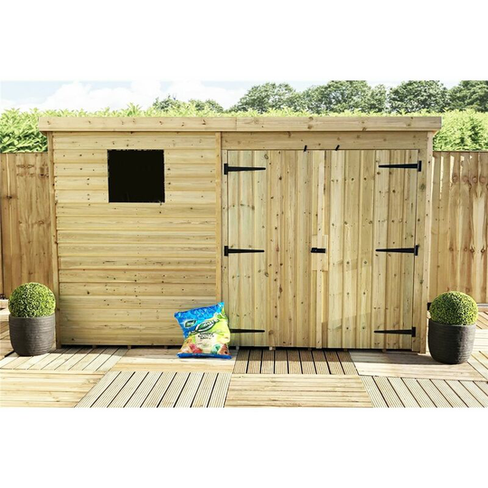 10 x 5 Pressure Treated Tongue And Groove Pent Shed With 1 Window And Double Doors + Safety Toughened Glass