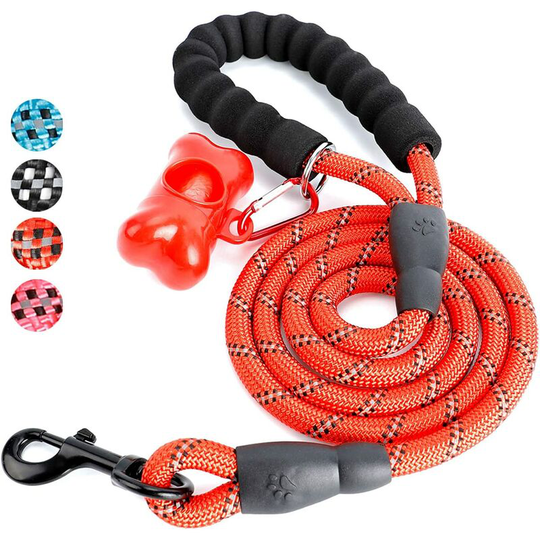 Dog Leash, Dog Rope Leash with Soft Padded Handle, Highly Reflective Wires, Waste Bags and Dog Dispenser, 1.5m Leash Cord for all size dogs, Red