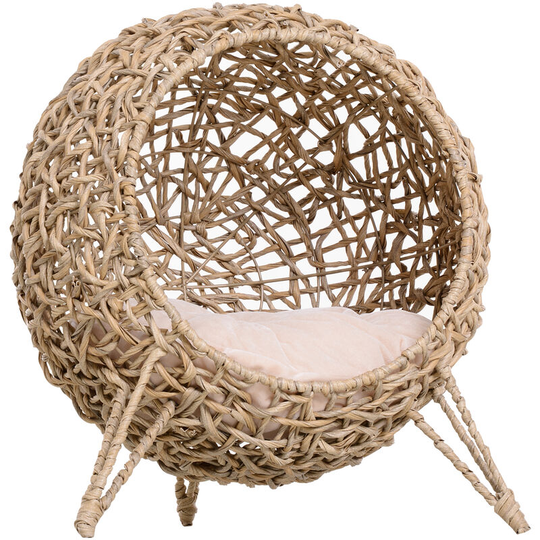 Rattan Elevated Cat House Kitten Bed Pet Furniture w/ Cushion Natural - Natural - Pawhut