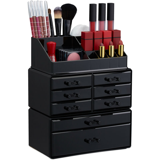 Set of 1 Relaxdays Makeup Organizer with Drawers, Stacking Makeup and Jewellery Box, Acrylic Cosmetic Kit, Black