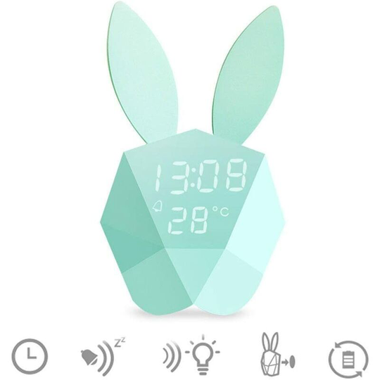 Pesce - Cute Rabbit led Night Light Bedside Lamp + Alarm Clock Built-in Function Lithium Battery led Voice Activated Christmas Gift for Kids Girls