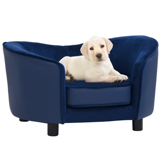 vidaXL Dog Sofa Blue Plush and Faux Leather Pet Cat Couch Animal Bed Supply
