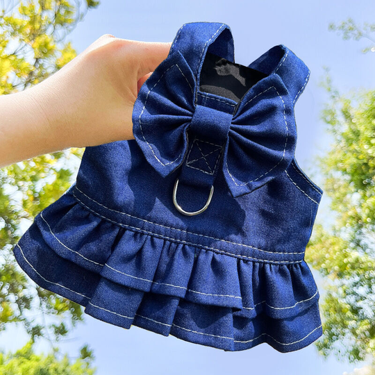 M) Dog Shirts for Small Dogs Girl, Puppy Denim Skirt Pet Dog Clothes Cute Bow-Knot Dog Dress, Comfort and Cool Dog Costumes with Leash Ring