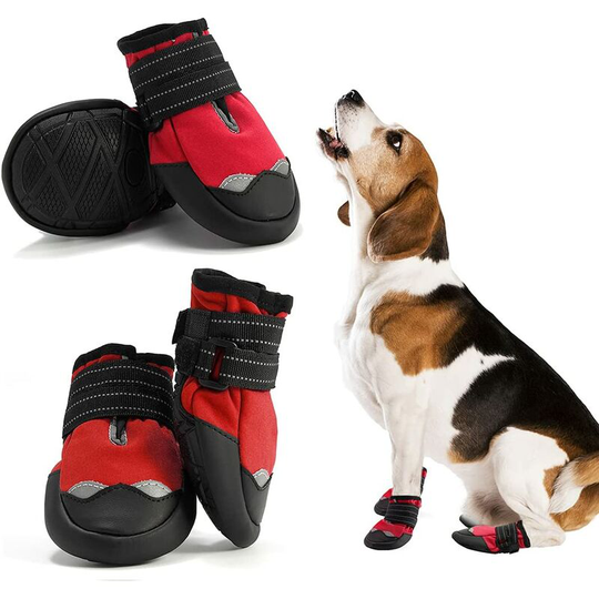 4 pcs Dog Boots, Waterproof Dog Shoes with Reflective Straps Non-Slip Soft Sole Sturdy Dog Paw Protector (2#, Red)