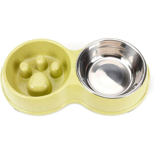 Double Pet Dog Slow Feeder Bowl,Stainless Steel Anti-Choke Puppy Food and Water Feeder for Dog Cats (Green)