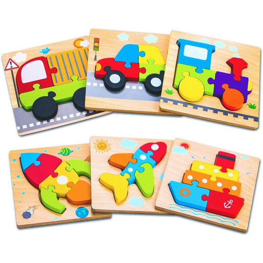 Ilovemilan - Wooden Vehicle Puzzles for 1 2 3 Years Old Boys Girls, Toddler Educational Developmental Toys Gift with 6 Vehicle Baby Montessori Color