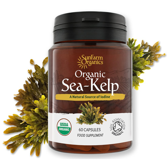 Certified Organic Iodine from 500mg Kelp Giving 385mcg Iodine per capsule 256% RDA Contributes to Normal Thyroid Function