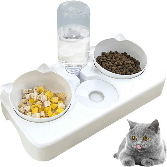 Cat Bowl, Drinker, Food and Drinker, Reclining Neck Guard, Perfect for Cats and Dogs (White)