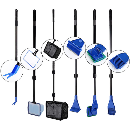 6 In 1 Fish Tank Cleaning Tool Algae Cleaning Tool with Gravel Rake Brush Fish Net Scraper Fish Tank Telescopic Long Handle Cleaning Tool Set