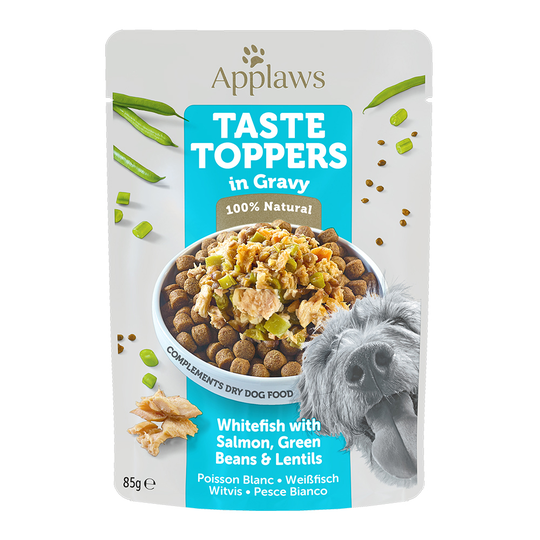 Applaws Taste Toppers in Gravy 12 x 85g - Whitefish with Salmon, Green Beans & Lentils