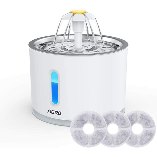 Betterlifegb - Water Fountain for Cat and Small Dog 2.5L, Silent Cat Water Dispenser with 4 Activated Charcoal Filter and Stainless Steel Tray, led