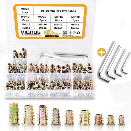 Devenirriche - 149PCS M4 M5 M6 M8 Hex Socket Screw Nut Zinc Alloy Furniture Threaded Inserts Socket Screw Inserts Nut Assortment Tool Kit for Wood