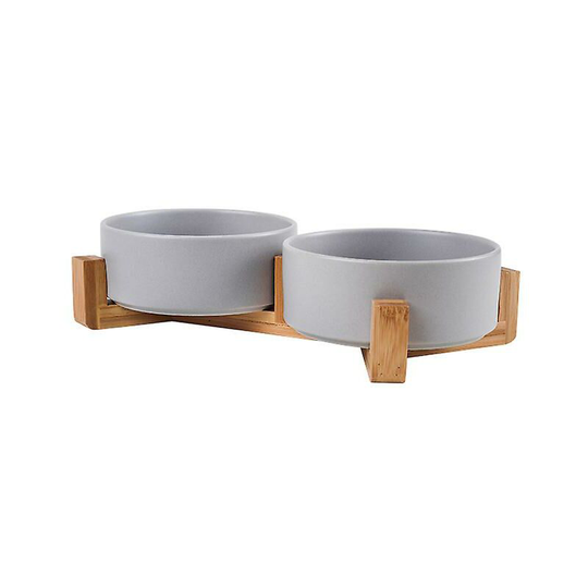 Thsinde - Ceramic Cat Dog Bowl Dish With Wood Stand No Spill Pet Food Water Feeder Cats Small Dogs Pet Bowl Double Bowls-Gray-M ssxjv