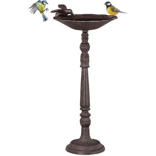 Cast Iron Bird Bath with Stand, Garden Decor, Bird Feeder, Water Bowl, 40 cm Tall, Brown - Relaxdays