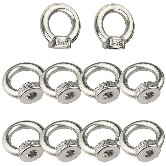 M8 Lifting Eye Nut 10 Pieces 304 Stainless Steel Eye Nut Silver Female Ring Nut Fastener Threaded Nut Lifting Ring Eye Bolt for Lifting Accessories