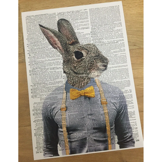 A3 Hare Print Vintage Dictionary Print - Rabbit Animal Yellow Bow Tie - Humanised Animal