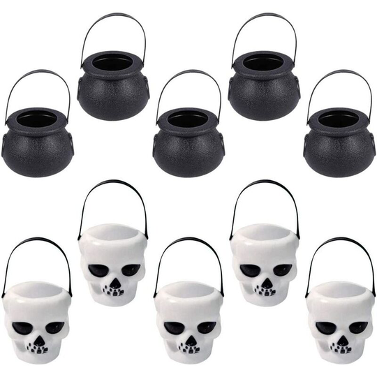 Litzee - 10 Pcs Mini Candy Bucket Witch Cauldron with Handle Plastic Cauldron Halloween Candy Jar Skull Shaped Kettles Cups Trick or Treat Party