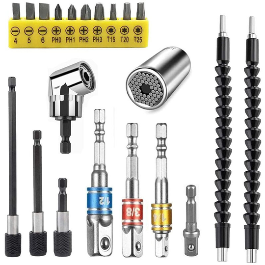 Lifcausal - 21 Pcs Flexible Drill Bit Extension Set Include 1/2 3/8 1/4 inch Universal Socket Adapter & 105° Right Angle Drill 3pcs Drill Bit Holder