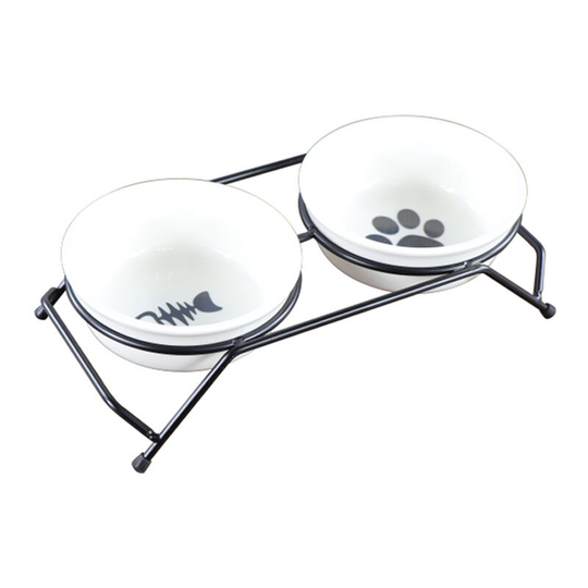 Ceramic Cat Bowl(2x300ml),Double Cat Lunch Bowl,Elevated Kitten Food/Water Bowl - White